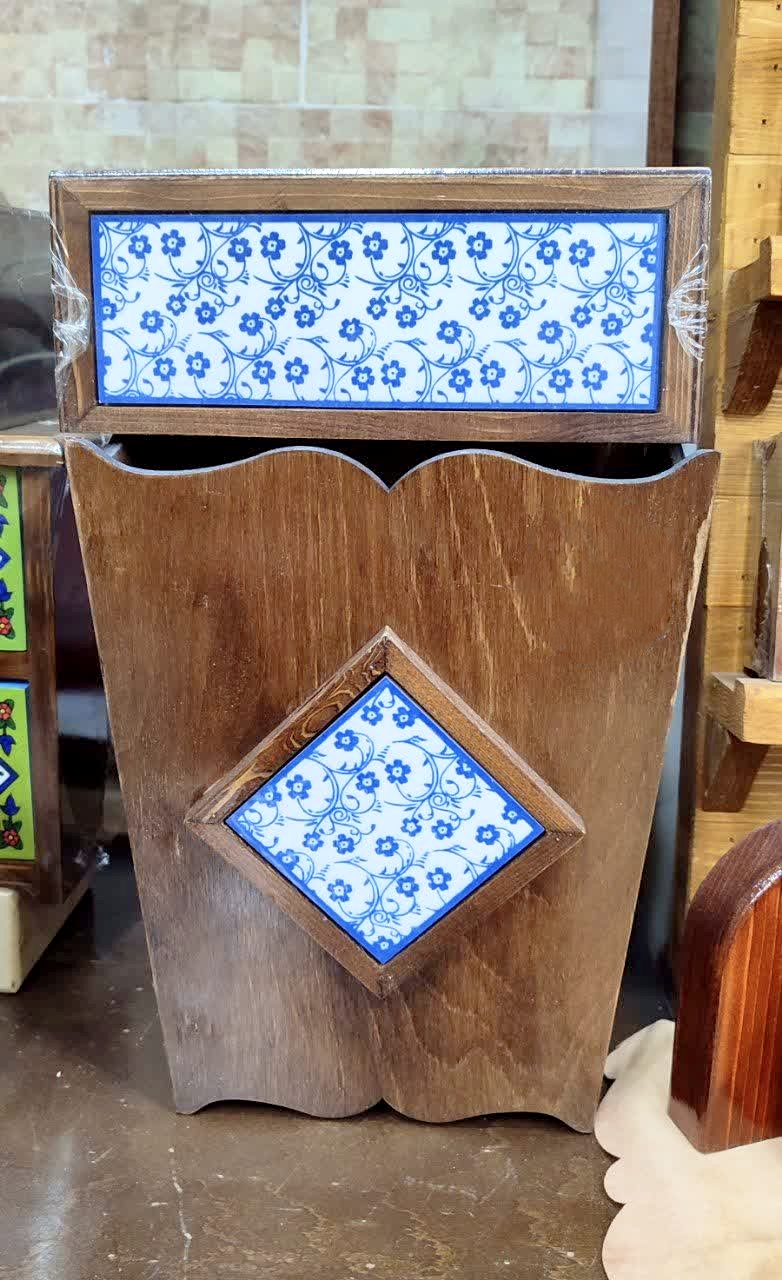 ست جعبه دستمال کاغذی و سطل چوبی -چوب و کاشی،جا دستمال کاغذی و سطل