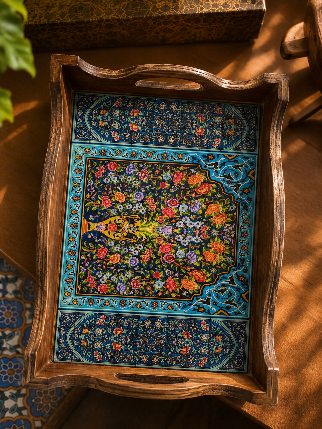 سینی چوبی طرح چوب و کاشی