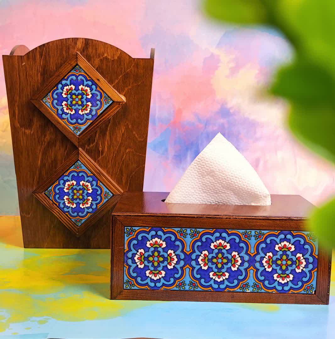 ست جعبه دستمال کاغذی و سطل چوبی -چوب و کاشی،جا دستمال کاغذی و سطل مدل 4 کاشی