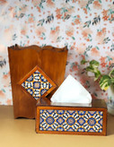 ست جا دستمال کاغذی و سطل چوبی طرح کاشی | ست چوب و کاشی دستساز دکوراتیو برای منزل و محل کار مدل دوکاشی