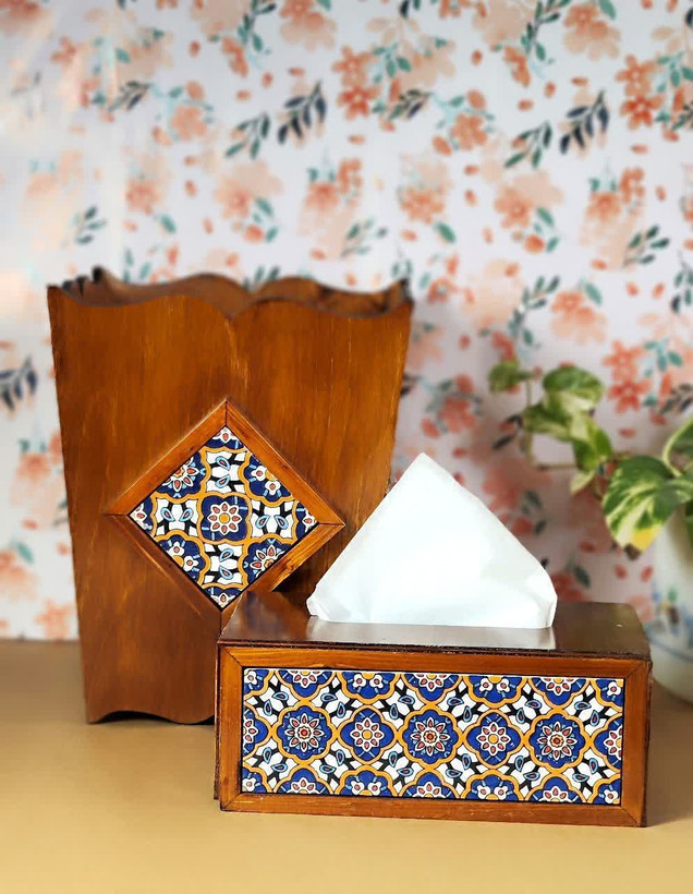 ست جا دستمال کاغذی و سطل چوبی طرح کاشی | ست چوب و کاشی دستساز دکوراتیو برای منزل و محل کار مدل دوکاشی