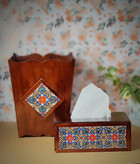 ست جا دستمال کاغذی و سطل چوبی طرح کاشی | ست چوب و کاشی دستساز دکوراتیو برای منزل و محل کار مدل دوکاشی
