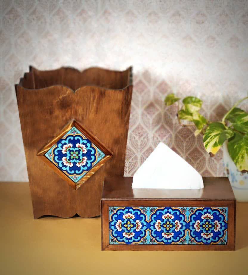 ست جا دستمال کاغذی و سطل چوبی طرح کاشی | ست چوب و کاشی دست‌ساز دکوراتیو برای منزل و محل کار مدل دوکاشی