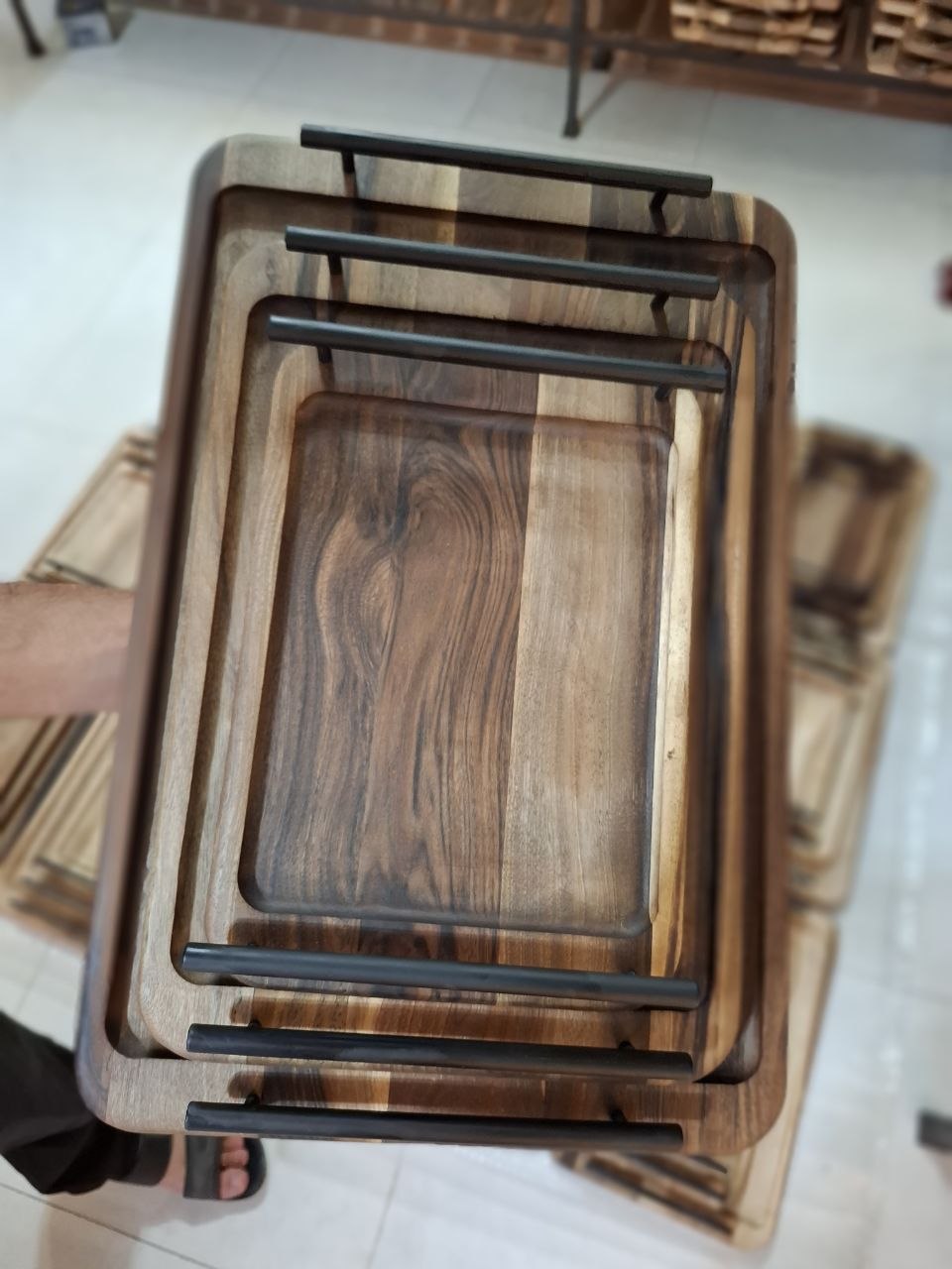 ست سینی مستطیل دسته فلز درسه سایز چوب گردو