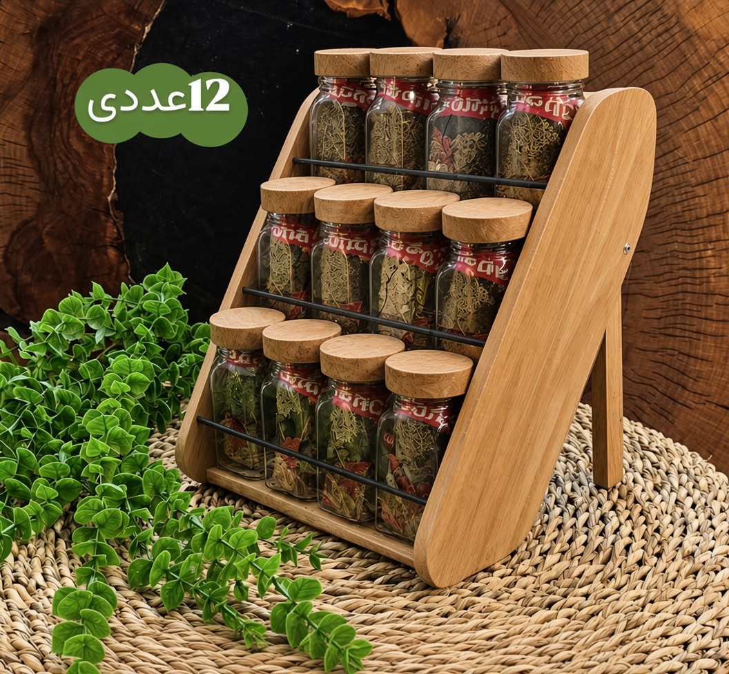 استند و جا ادویه چوبی 12 عددی